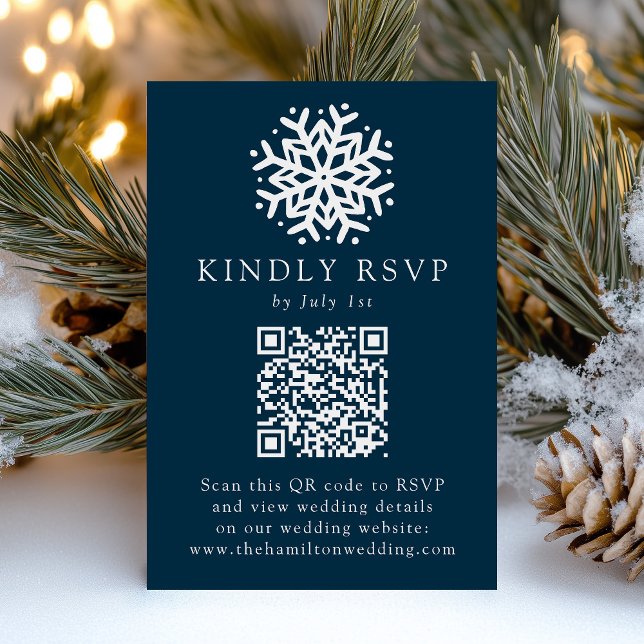 Cartons Réponse Mariage simple flocon de neige Navy QR Code (Créateur téléchargé)