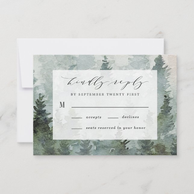 Cartons Réponse Mariage Thème Aquarelle Rustique Forêt de Pins (Devant)