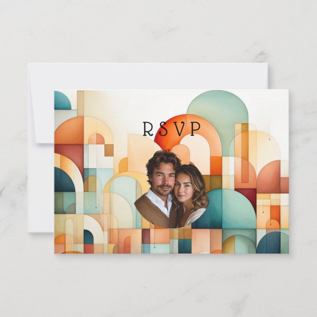Cartons Réponse Mariage Turquoise de Pêche Bleu Orange Géométrique (Devant)