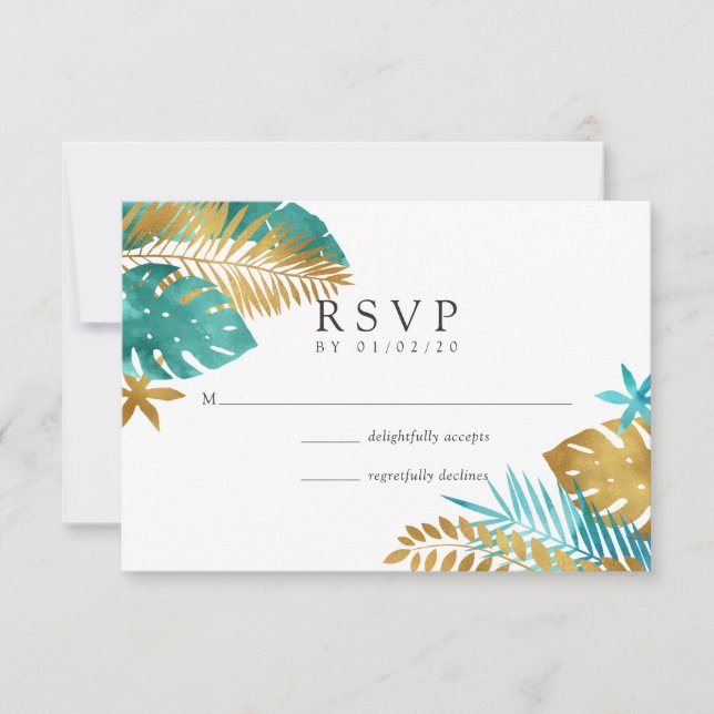 Cartons Réponse Mariage turquoise et Gold Tropical (Devant)
