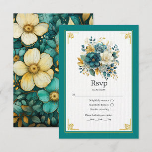 Cartons Réponse Mariage turquoise et or Floral