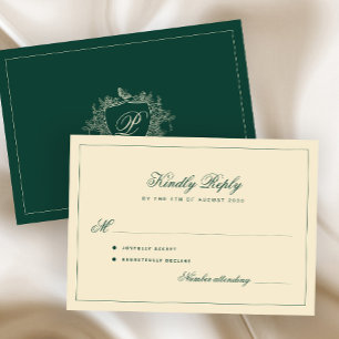 Cartons Réponse Mariage vert émeraude au monogramme de crête class