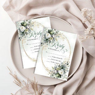 Cartons Réponse Mariage Vert Eucalyptus Aquarelle Touche Dorée