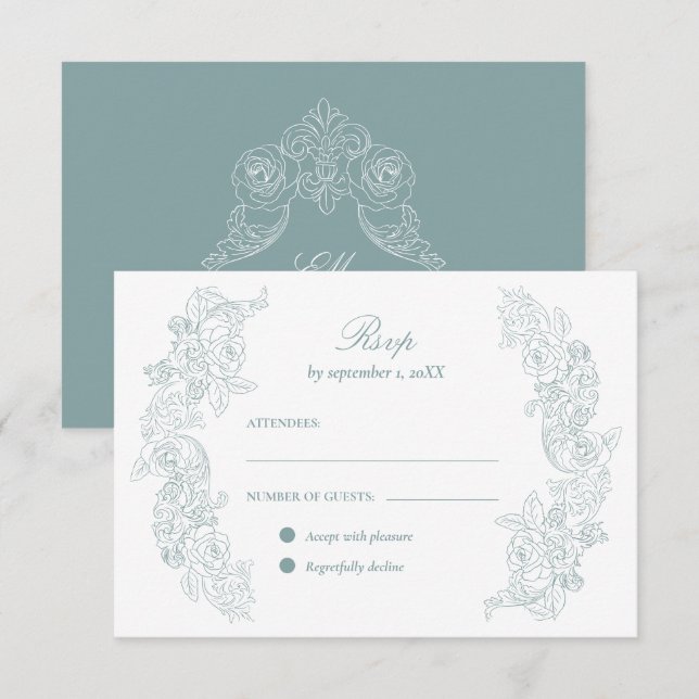 Cartons Réponse Mariage Victorian Dusty Blue (Devant / Derrière)
