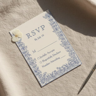 Cartons Réponse Mariage vintage à la frontière florale bleue