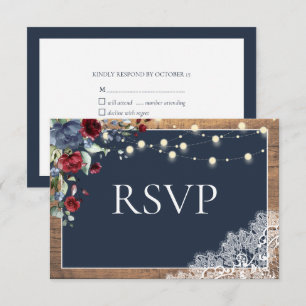 Cartons Réponse Marine Bleu Bourgogne Floral Dentelle Bois Mariage
