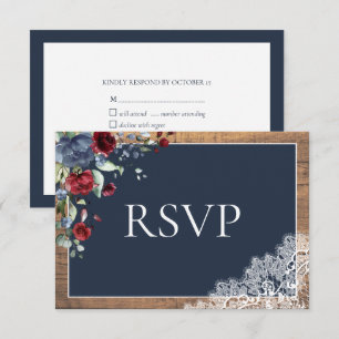 Cartons Réponse Marine Bleu Bourgogne Floral Dentelle Bois Mariage