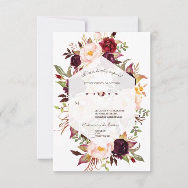 Cartons Réponse Marine Bleu Bourgogne Floral Mariage géométrique R (Devant)
