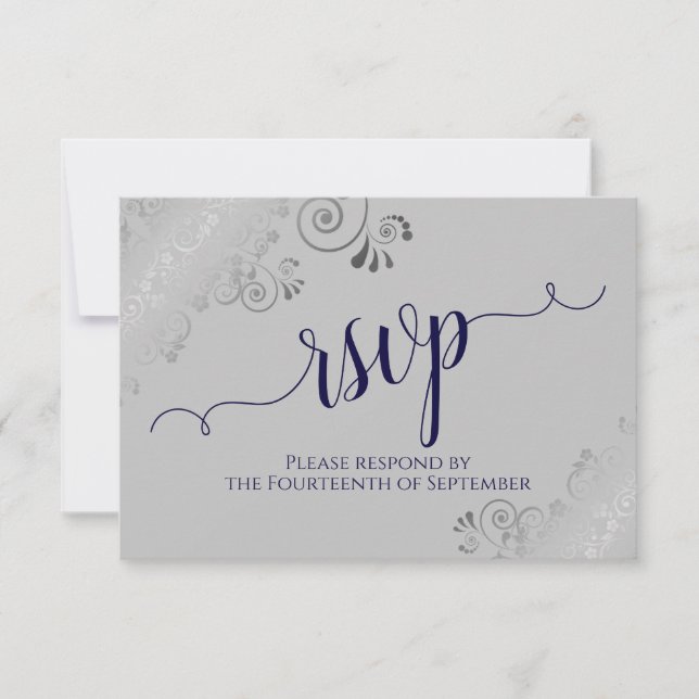 Cartons Réponse Marine Bleu sur gris argent dentelle Mariage de ca (Devant)