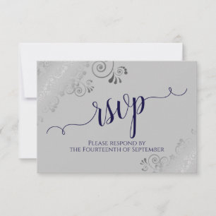 Cartons Réponse Marine Bleu sur gris argent dentelle Mariage de ca