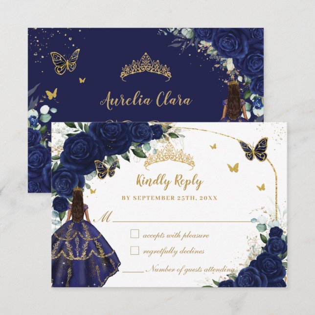 Cartons Réponse Marine Blue Floral Princesse Robe Quinceañera XV 1 (Devant / Derrière)
