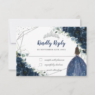 Cartons Réponse Marine Blue Floral Silver Princess Quinceañera Rép