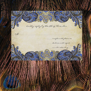 Cartons Réponse Marine Blue Gold Paisley Peacock Couleurs Mariage 