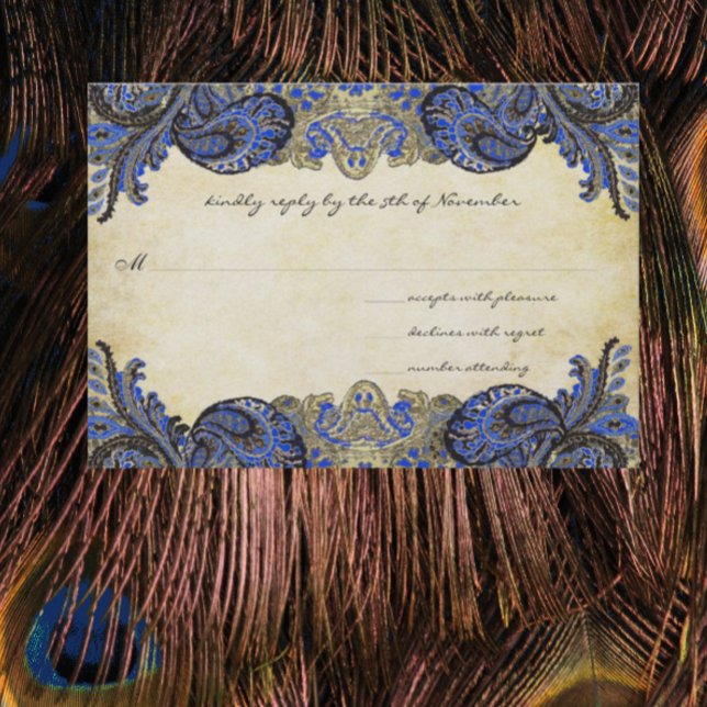 Cartons Réponse Marine Blue Gold Paisley Peacock Couleurs Mariage  (Créateur téléchargé)