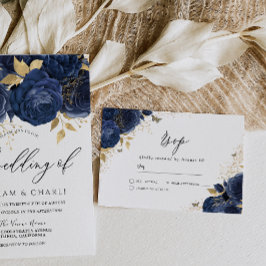 Cartons Réponse Marine Indigo Blue & Gold Floral Mariage