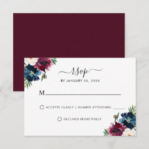 Cartons Réponse Marine moderne Bleu Bourgogne Élégant Mariage Flor