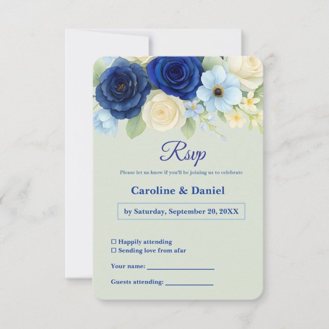 Cartons Réponse Marine Royal Bue Mariage Aquarelle couleur ivoire  (Devant)