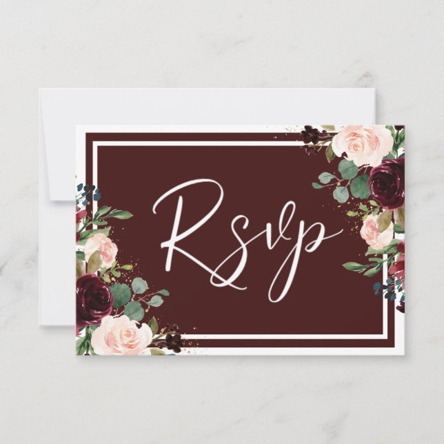 Cartons Réponse Maroon Bourgogne Rouge Vin & Fleurs Rouges Mariage (Devant)