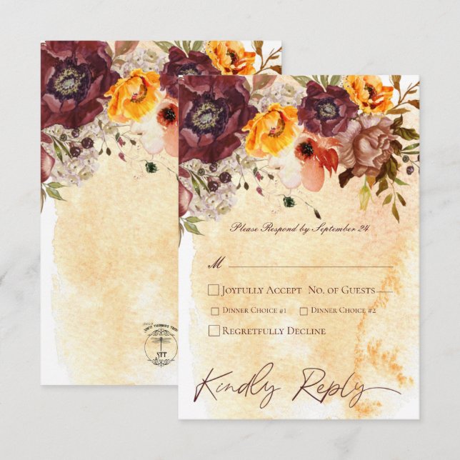 Cartons Réponse Marsala Argile & Bouquet Jaune Mariage Jaune (Devant / Derrière)