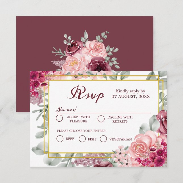 Cartons Réponse Marsala de Bourgogne rustique et Mariage floral ro (Devant / Derrière)