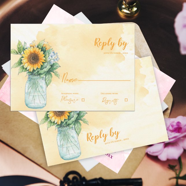 Cartons Réponse Mason Jar Rustique Mariage campagnard de tournesol (Mason Jar Rustic Sunflower Country Wedding Reply RSVP Card)