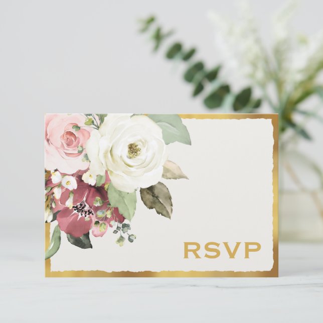 Cartons Réponse Mauve Florals rose Luxe Gold Edge Mariage (Debout devant)