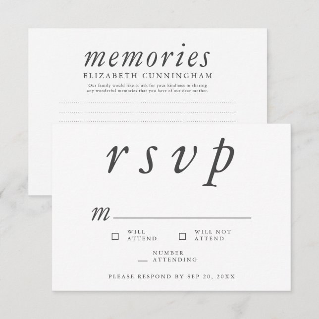 Cartons Réponse Memorial Funeral Modern Simple Memories Répondre (Devant / Derrière)