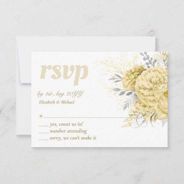 Cartons Réponse Merci de Mariage Floral en Argent Rustique (Devant)