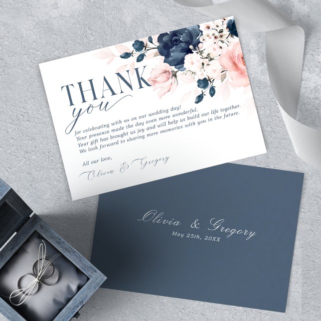 Cartons Réponse Merci Mariage floral bleu marine et rose pâle (Créateur téléchargé)