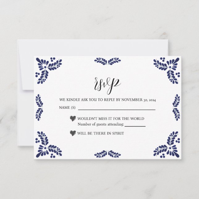 Cartons Réponse Mexican Talavera Black Floral Minimalist Wedding (Devant)