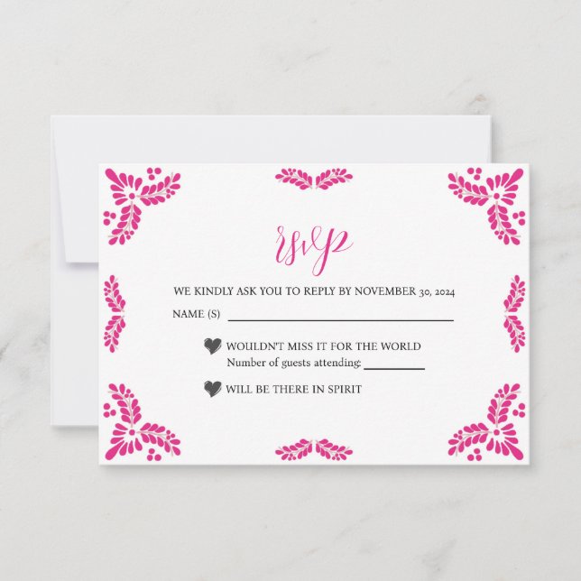 Cartons Réponse Mexican Talavera Pink Floral Minimalist Wedding (Devant)