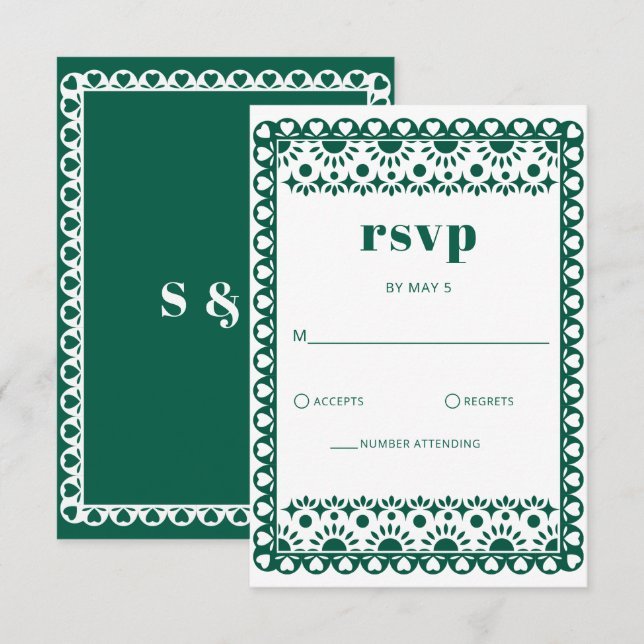 Cartons Réponse Mexique Fiesta Emerald Papel Picado Boho Mariage (Devant / Derrière)