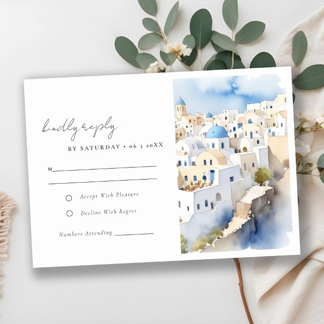 Cartons Réponse Minimal chic Santorini Grèce Mariage aquarelle (Créateur téléchargé)