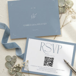 Cartons Réponse Minimaliste Bleu Poussiéreux Élégant Mariage Monog
