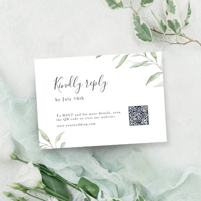 Cartons Réponse Minuscule vert botanique rustique mariage QR code (Minimal greenery botanical rustic wedding QR code RSVP Card)