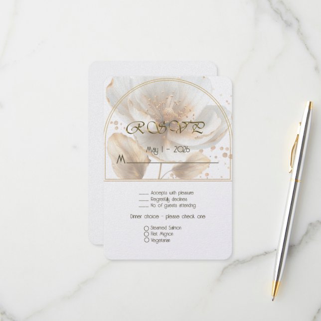 Cartons Réponse Modern Minimalist White and Gold Wedding (Devant/Arrière en situation)
