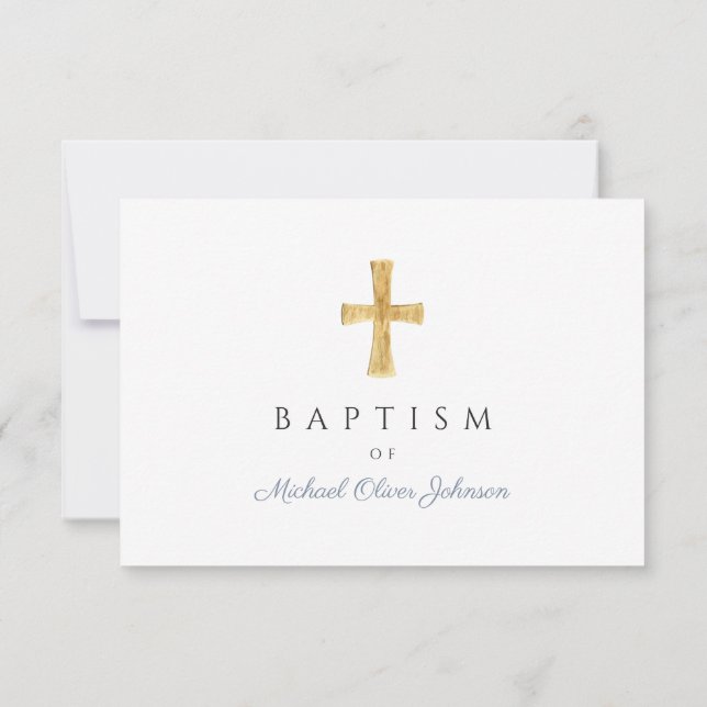 Cartons Réponse Moderne Dusty Blue Script Cross Boy Baptême garçon (Dos)