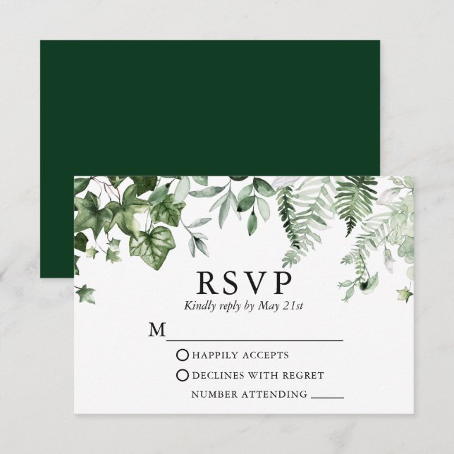 Cartons Réponse Moderne Elégant Botanique Ivy Sage Mariage de verd (Devant / Derrière)