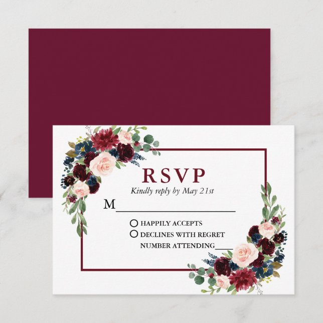 Cartons Réponse Moderne Elégant Burgundy Bleu Floral Mariage (Devant / Derrière)