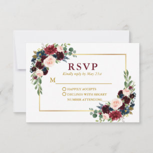Cartons Réponse Moderne Elégant Burgundy Bleu Floral Mariage Or