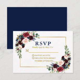 Cartons Réponse Moderne Elégant Burgundy Bleu Floral Mariage Or