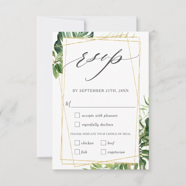 Cartons Réponse Moderne Tropical Greenery Gold Mariage Meal Choice (Devant)