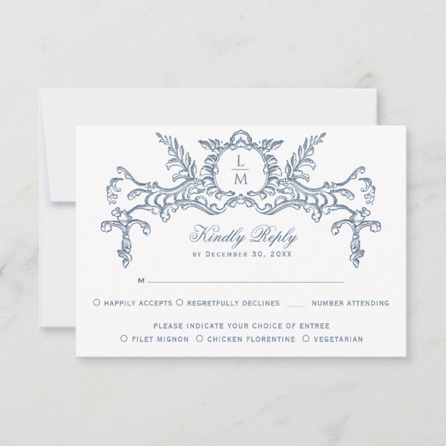 Cartons Réponse Monogramme baroque Orné Bleu Français (Devant)