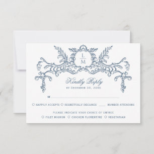 Cartons Réponse Monogramme baroque Orné Bleu Français