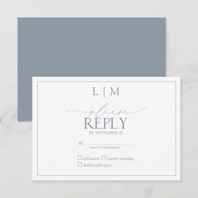 Cartons Réponse Monogramme calligraphié bleu poussiéreux élégant R (Devant / Derrière)