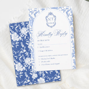 Cartons Réponse Monogramme de blason Delft Bleu Floral Script