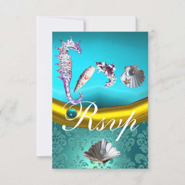 CARTONS RÉPONSE MONOGRAMME DE MARIAGE DE LA PLAGE DE DAMASK AQUAMA (Devant)
