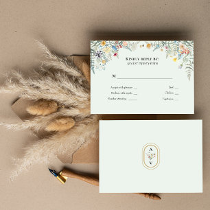 Cartons Réponse Monogramme de Mariage vert de Fleur sauvage simple