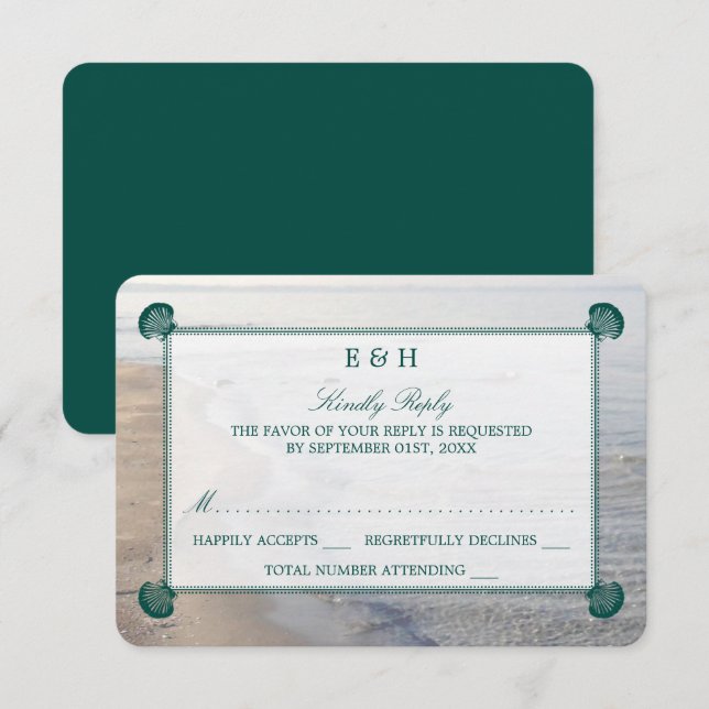 Cartons Réponse Monogramme élégant et mariage Turquoise sur la pla (Devant / Derrière)