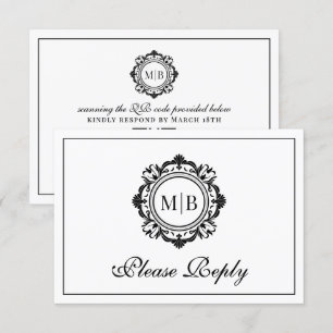 Cartons Réponse Monogramme floral orange Mariage noir blanc